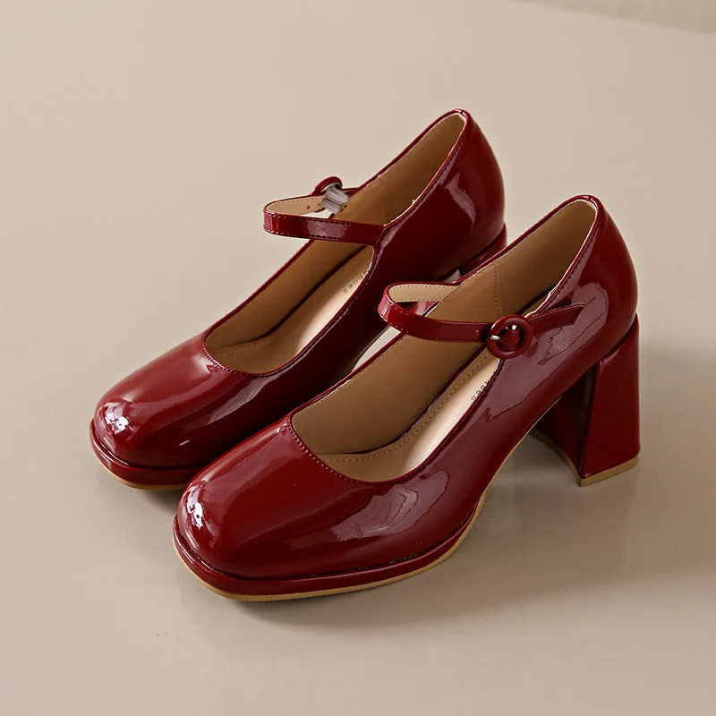 xiangtuibao Women's High Heels Mary Jane Shoes  Summer New Simple Temperament Candy Color Thick Heel Ankle-Strap Pumps Women