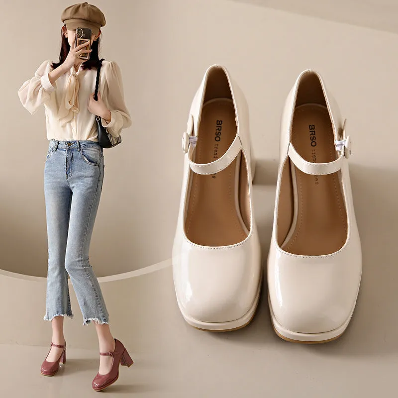 xiangtuibao Women's High Heels Mary Jane Shoes  Summer New Simple Temperament Candy Color Thick Heel Ankle-Strap Pumps Women