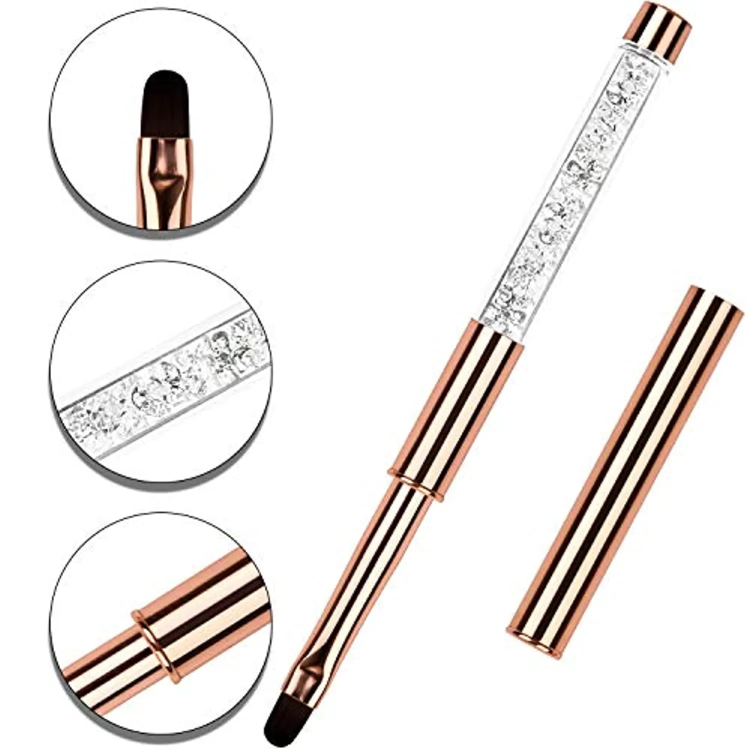 YCYAN 1Pcs Oval UV Gel Nail Brush Rhinestone Handle Professional Nail Art Tools Size 8 Rose Gold