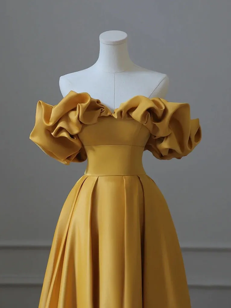 Yellow Satin Long Prom Dress, Yellow Formal Evening Dresses