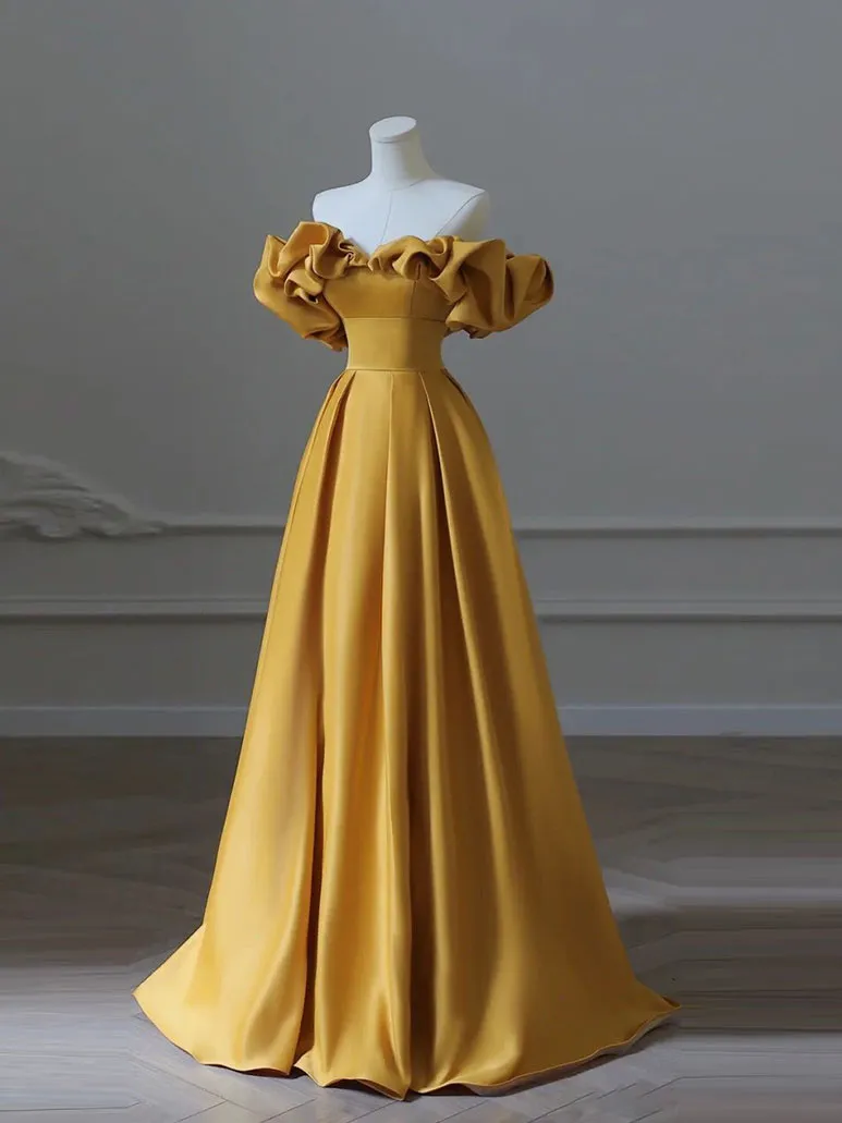Yellow Satin Long Prom Dress, Yellow Formal Evening Dresses