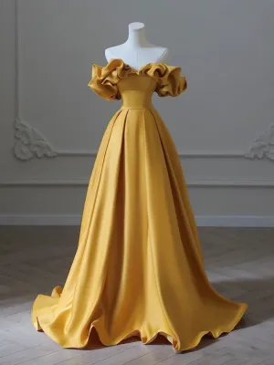 Yellow Satin Long Prom Dress, Yellow Formal Evening Dresses