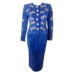YVES SAINT LAURENT 2 pc Blue Suede and Rhinestone Skirt Set