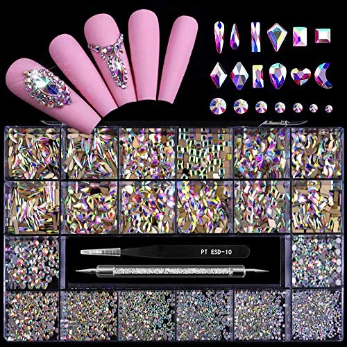 Yzzseven 12 Styles of 600 Champagne Diamonds   2500 Flat Rhinestones Mix 20 Styles Flatback Rhinestone Crystals 3D Decorations Flat Back Stones Gems Set  Tweezers   Drill Pen