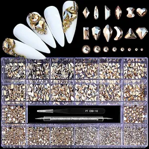 Yzzseven 12 Styles of 600 Champagne Diamonds   2500 Flat Rhinestones Mix 20 Styles Flatback Rhinestone Crystals 3D Decorations Flat Back Stones Gems Set  Tweezers   Drill Pen