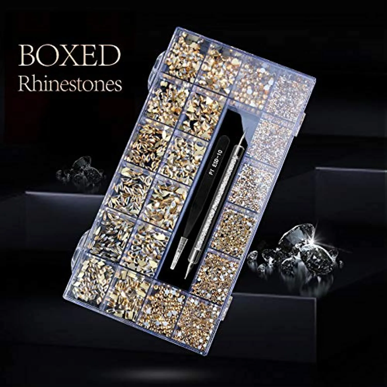Yzzseven 12 Styles of 600 Champagne Diamonds   2500 Flat Rhinestones Mix 20 Styles Flatback Rhinestone Crystals 3D Decorations Flat Back Stones Gems Set  Tweezers   Drill Pen