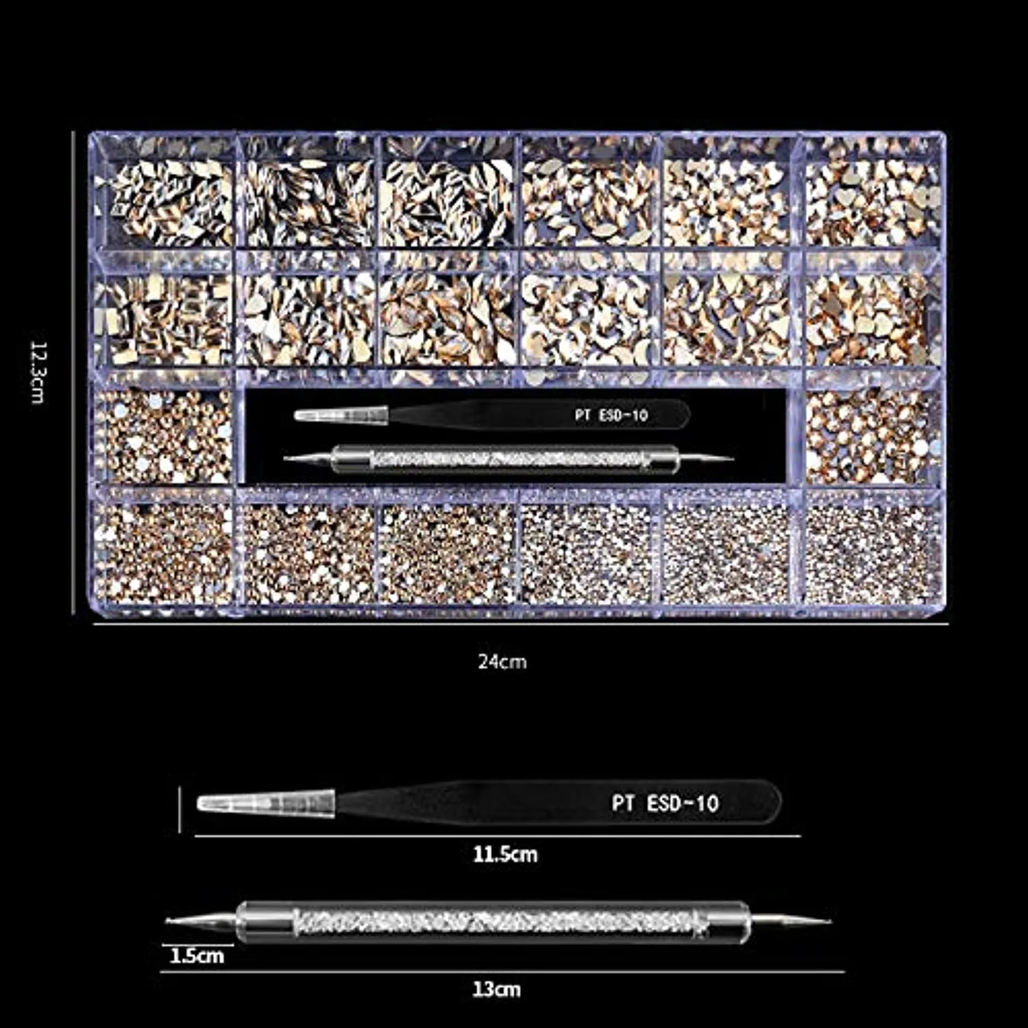 Yzzseven 12 Styles of 600 Champagne Diamonds   2500 Flat Rhinestones Mix 20 Styles Flatback Rhinestone Crystals 3D Decorations Flat Back Stones Gems Set  Tweezers   Drill Pen