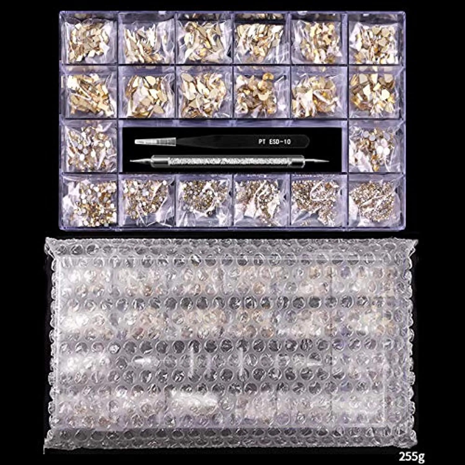 Yzzseven 12 Styles of 600 Champagne Diamonds   2500 Flat Rhinestones Mix 20 Styles Flatback Rhinestone Crystals 3D Decorations Flat Back Stones Gems Set  Tweezers   Drill Pen
