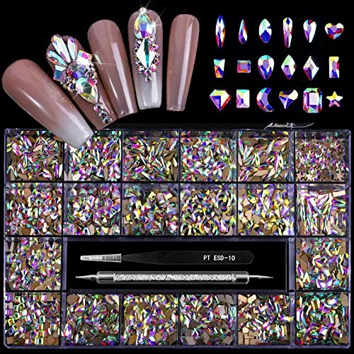 Yzzseven 12 Styles of 600 Champagne Diamonds   2500 Flat Rhinestones Mix 20 Styles Flatback Rhinestone Crystals 3D Decorations Flat Back Stones Gems Set  Tweezers   Drill Pen