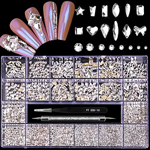 Yzzseven 12 Styles of 600 Champagne Diamonds   2500 Flat Rhinestones Mix 20 Styles Flatback Rhinestone Crystals 3D Decorations Flat Back Stones Gems Set  Tweezers   Drill Pen